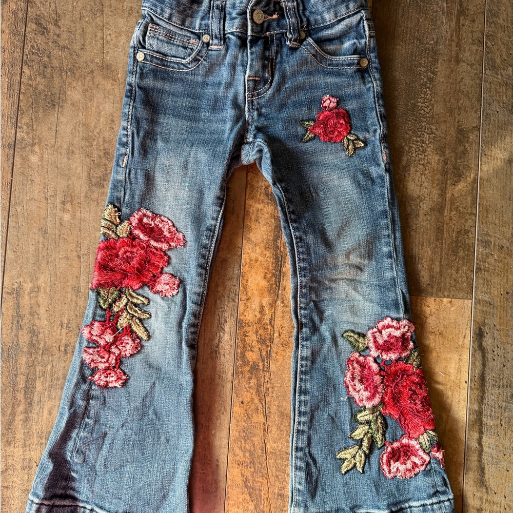 Rock & Roll Cowgirl Kids Blue Denim Flare Jeans with Red Floral Embroidery